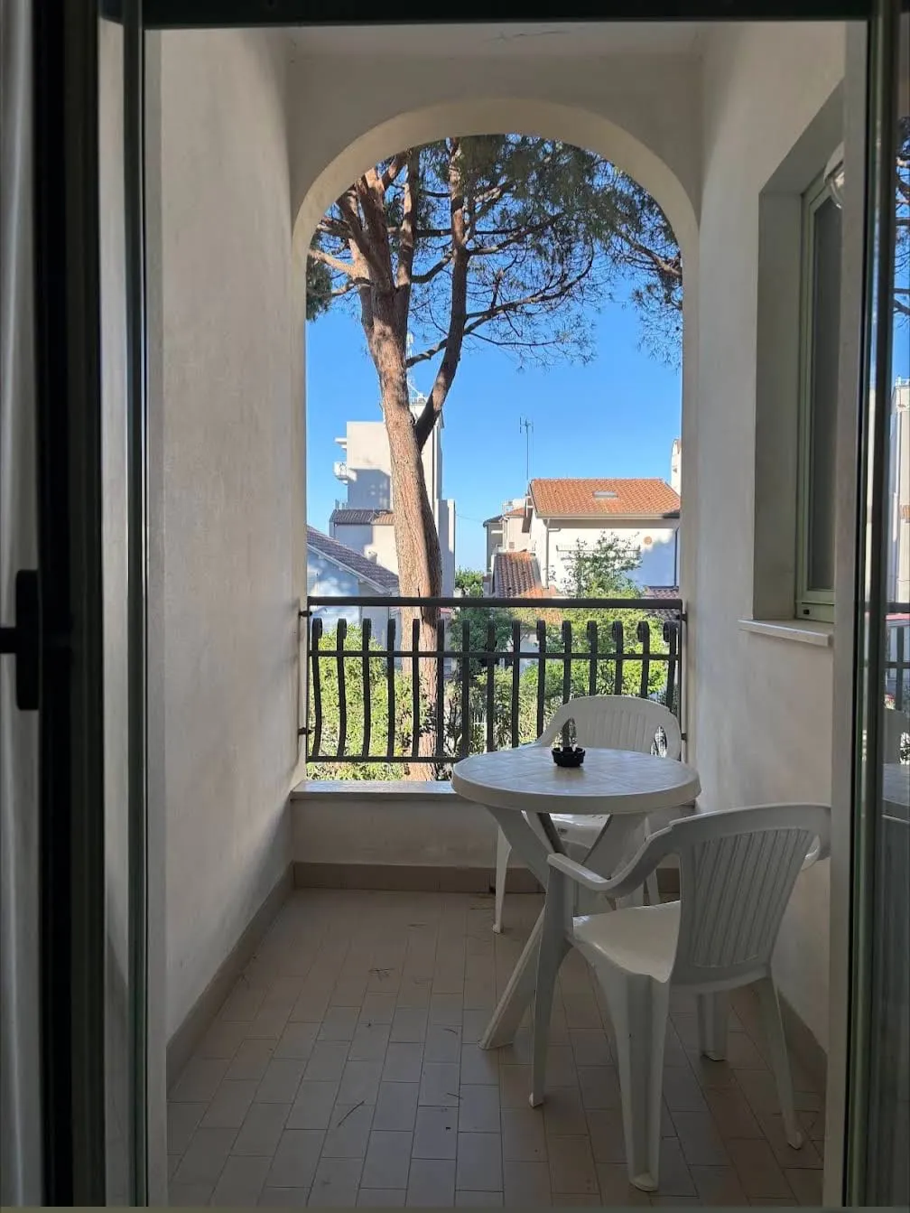 Balcone con vista pini dell'Hotel Dover Rooms & Coffee