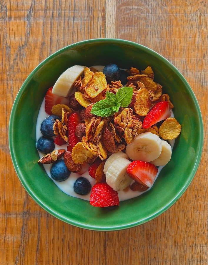 Bowl con yogurt, granola, banane, fragole e mirtilli — colazione al Bagno Dover 175